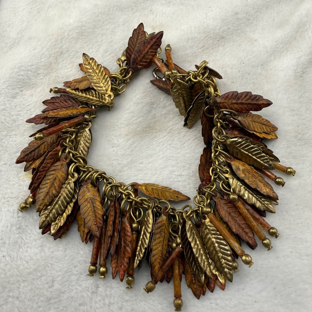 Feather‎ Charm Bracelet Boho Brown Gold Tone 7"